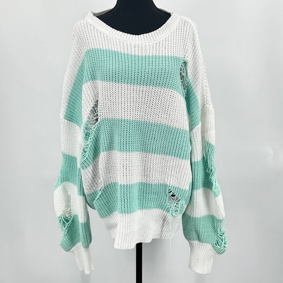 Oversized Distressed Chunky Knit Sweater Women’s XL Striped Green White NWT - Picture 2 of 9